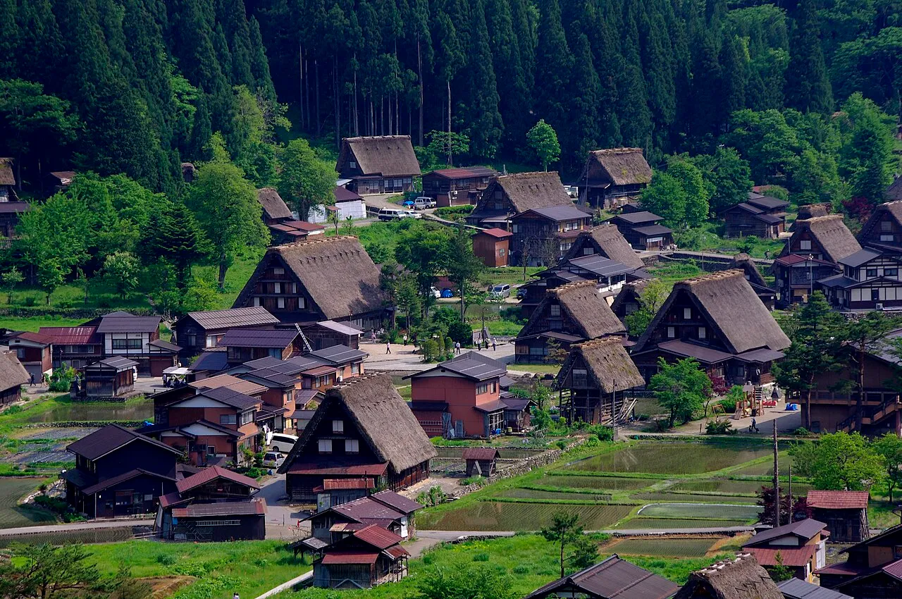 Thatched gassho-zukuri farmhouses among flooded rice paddies in Shirakawa-go