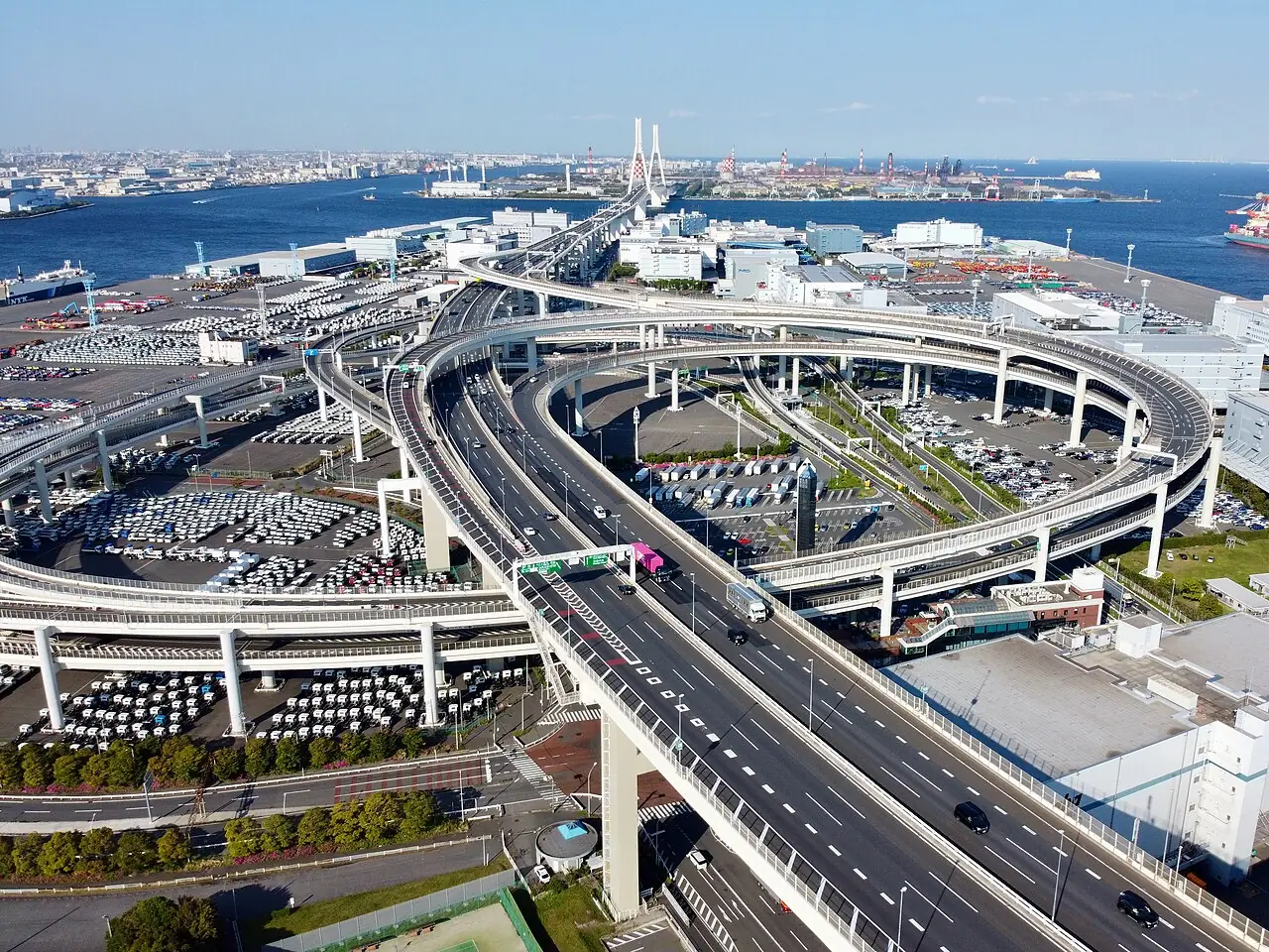 Aerial view of the looping ramps of Daikoku Junction in Yokohama
