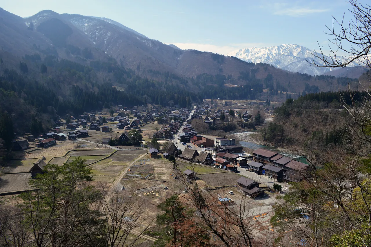山あいに合掌造りの家が並ぶ荻町集落