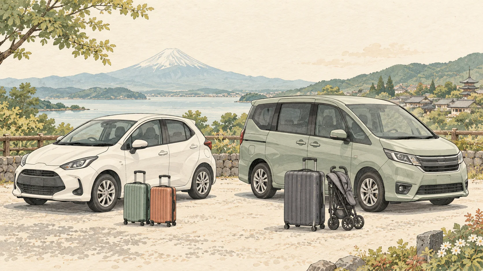 Illustration of a compact car, a minivan, suitcases and a folded stroller