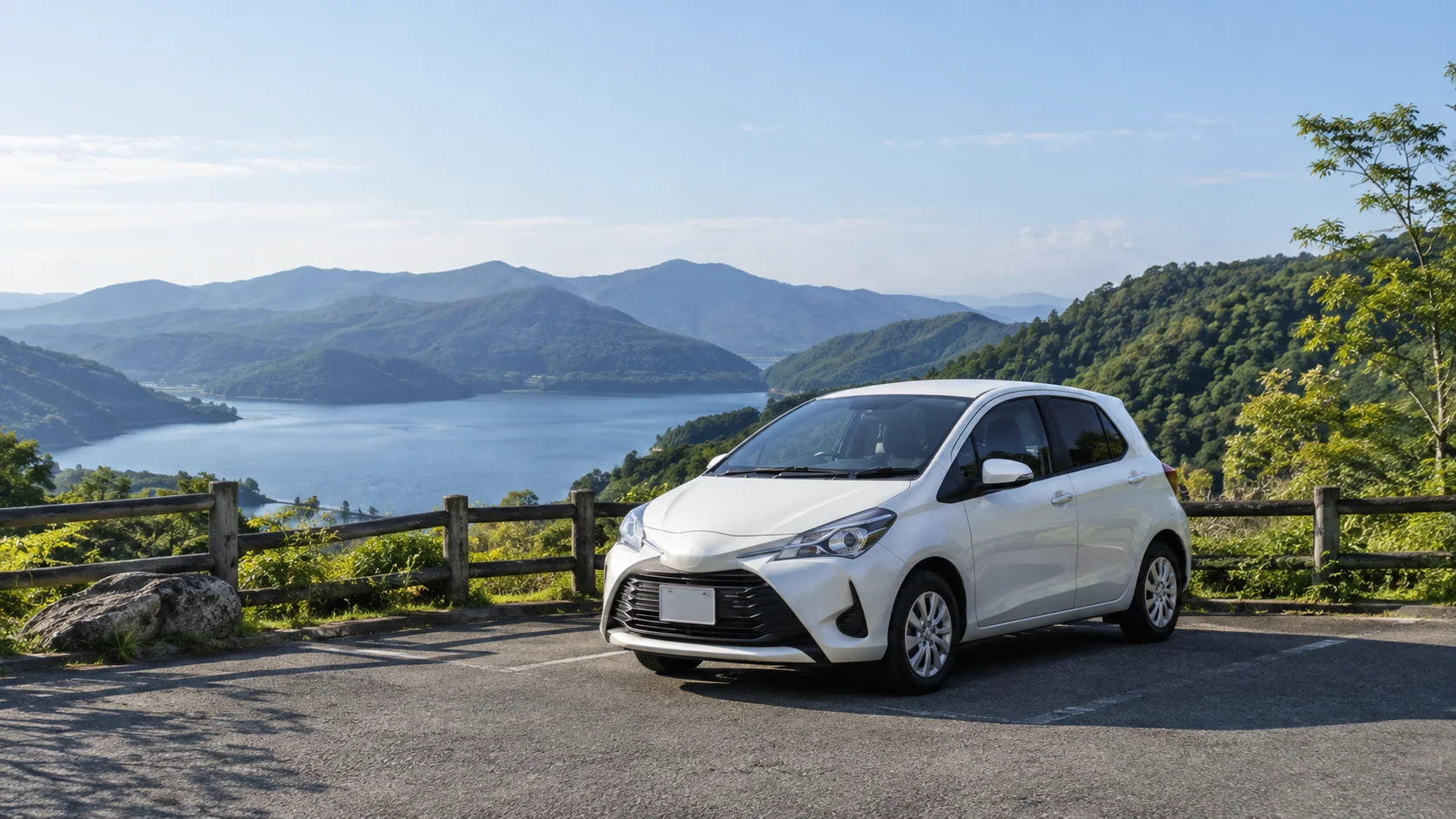 湖と山を望む駐車場に停めた白いコンパクトカーのイメージ