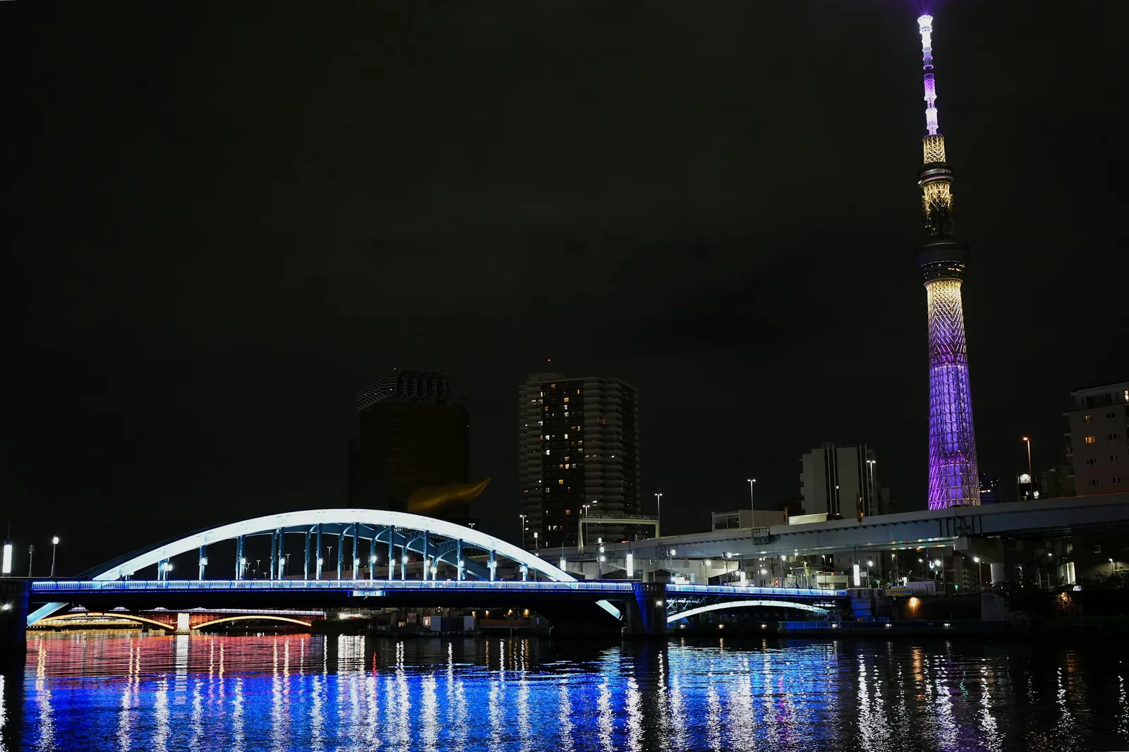 隅田川の向こうに立つ夜の東京スカイツリーと、川沿いの高速道路
