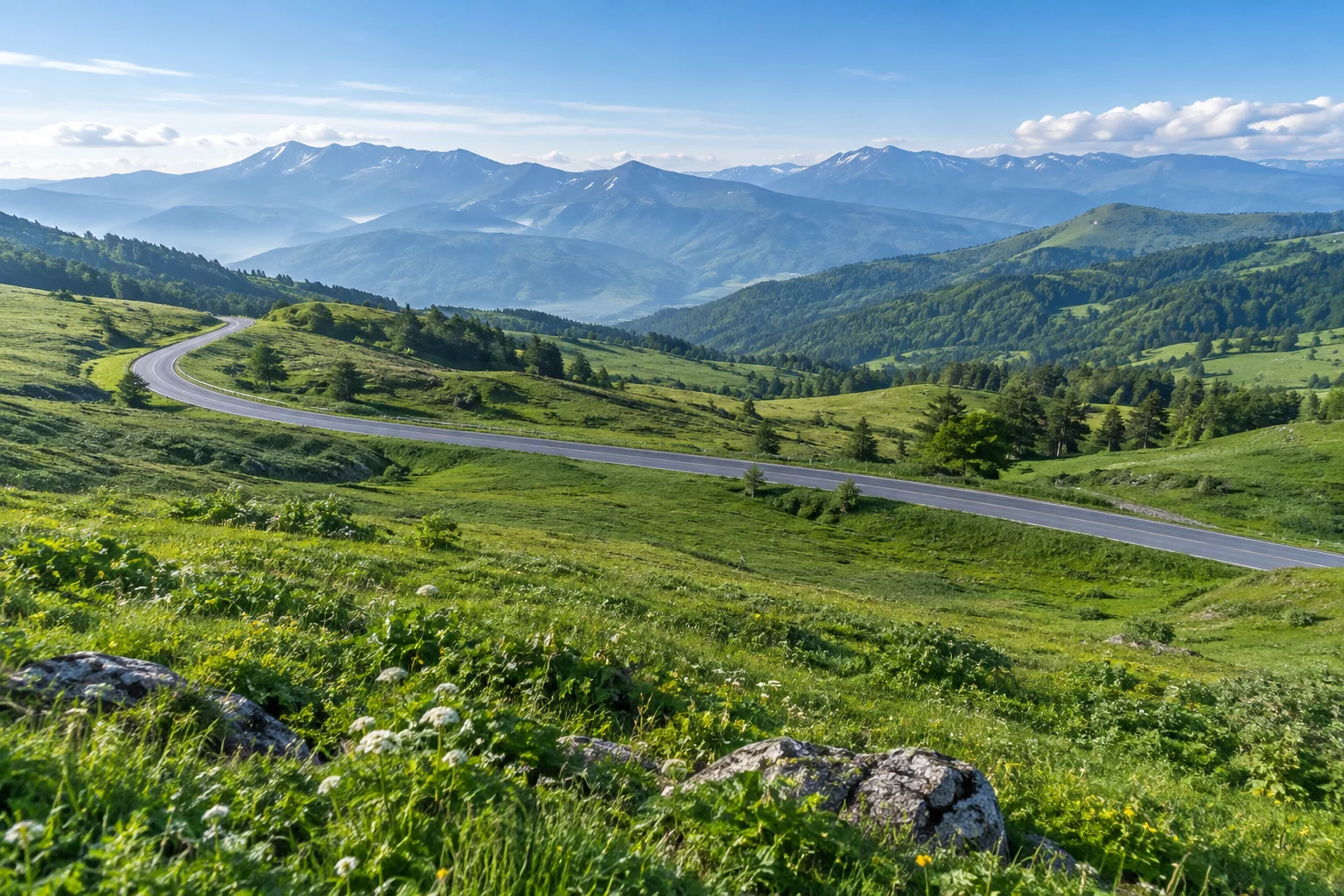 Illustration of a winding road through green highlands and mountain ridges